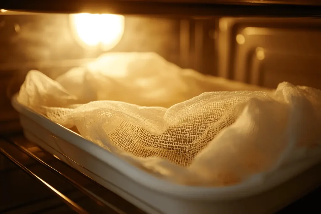 Casserole dish covered with damp cheesecloth baking in the oven