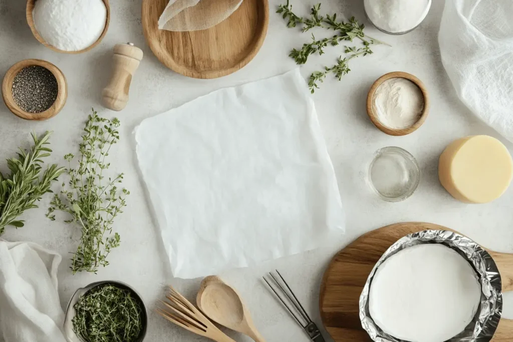 Cheesecloth alternatives like parchment paper, foil, and muslin on a kitchen counter