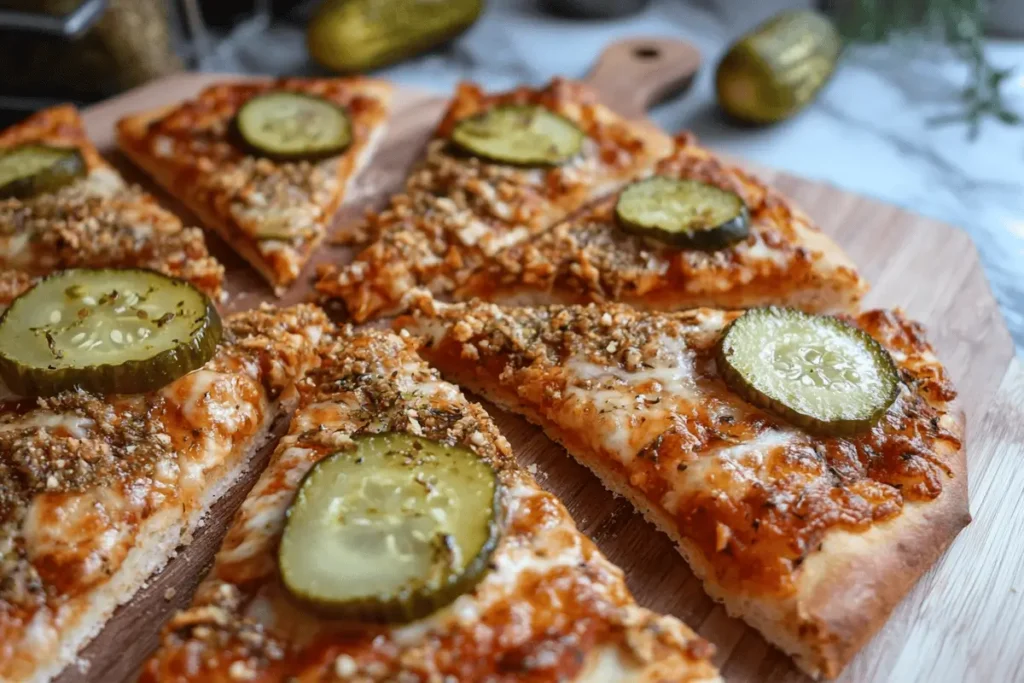 Close-up of a freshly baked dill pickle pizza on a rustic wooden board