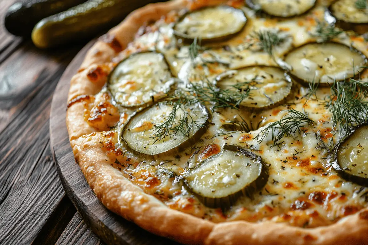 Close-up of a freshly baked pickle pie pizza with melted cheese and dill pickles