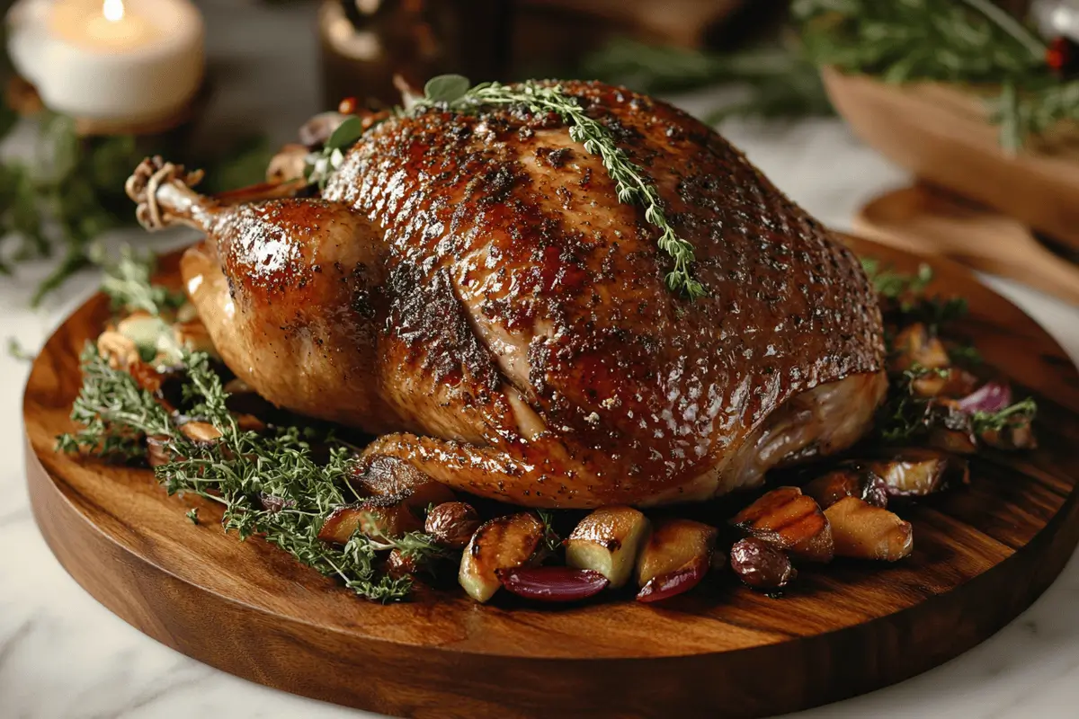 Golden roasted cheesecloth turkey surrounded by fresh herbs.