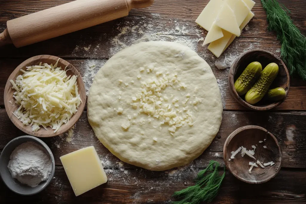 Ingredients for making pickle pie pizza on a wooden countertop