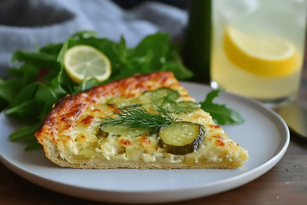 A slice of pickle pie pizza with salad and lemonade