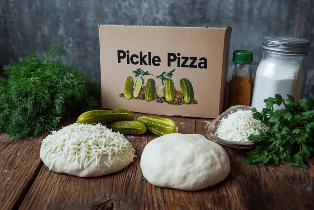 Ingredients for pickle pizza, including fresh dough, pickles, cheese, and sauce