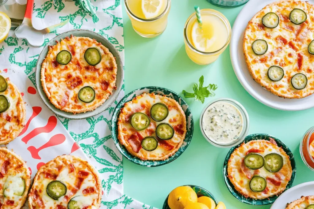 A pickle pizza party setup with mini pizzas and various toppings