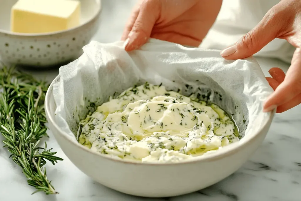 Hands soaking cheesecloth in melted herb butter