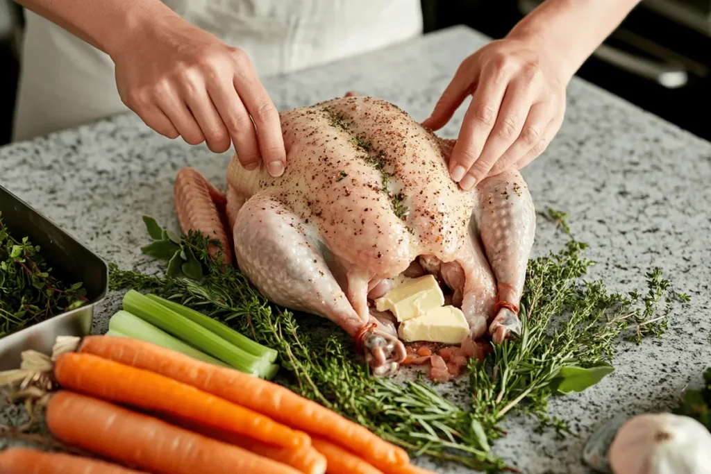 Preparing a turkey with butter and herbs for roasting.