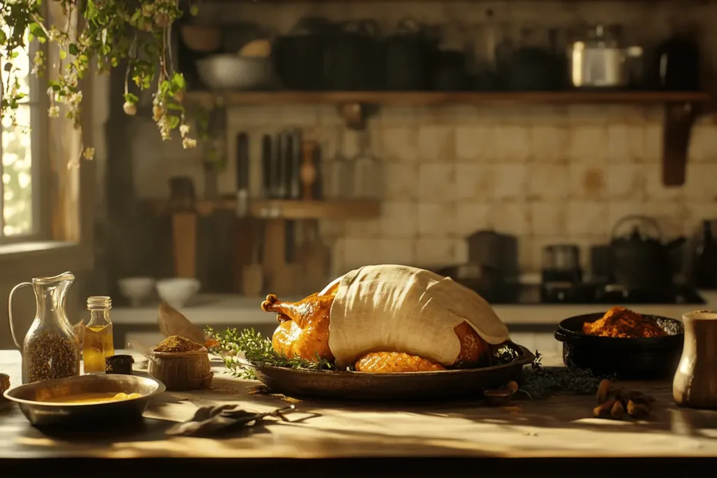 Roasted turkey covered in cheesecloth with herbs on a kitchen counter