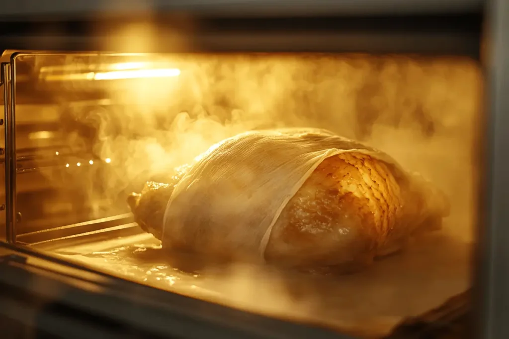 Turkey roasting in the oven covered with a cheesecloth