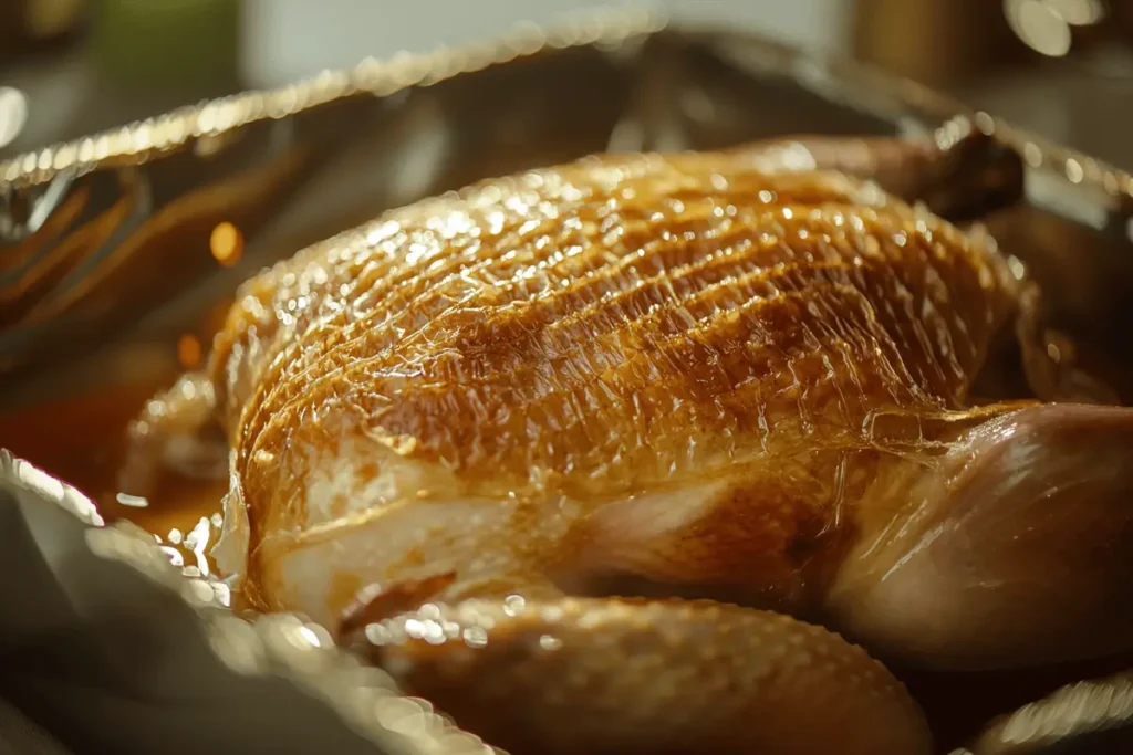 Turkey covered with a butter-soaked cheesecloth in a roasting pan.