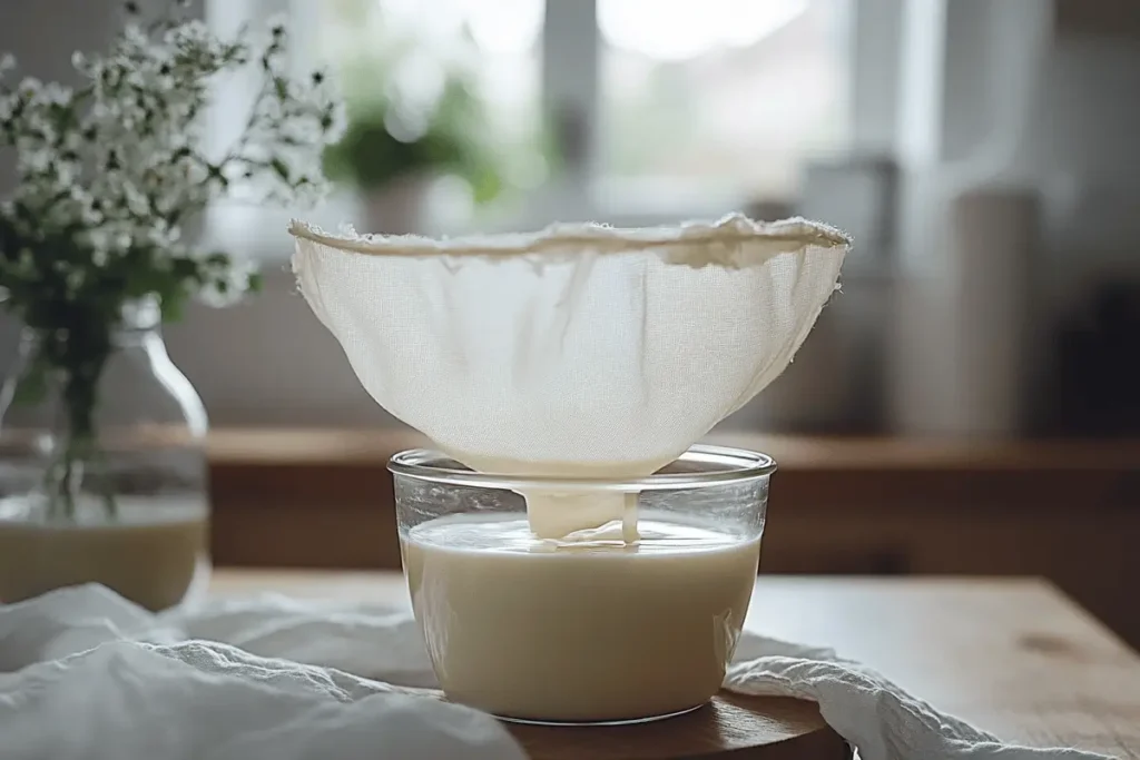 Straining Almond Milk with Muslin Fabri